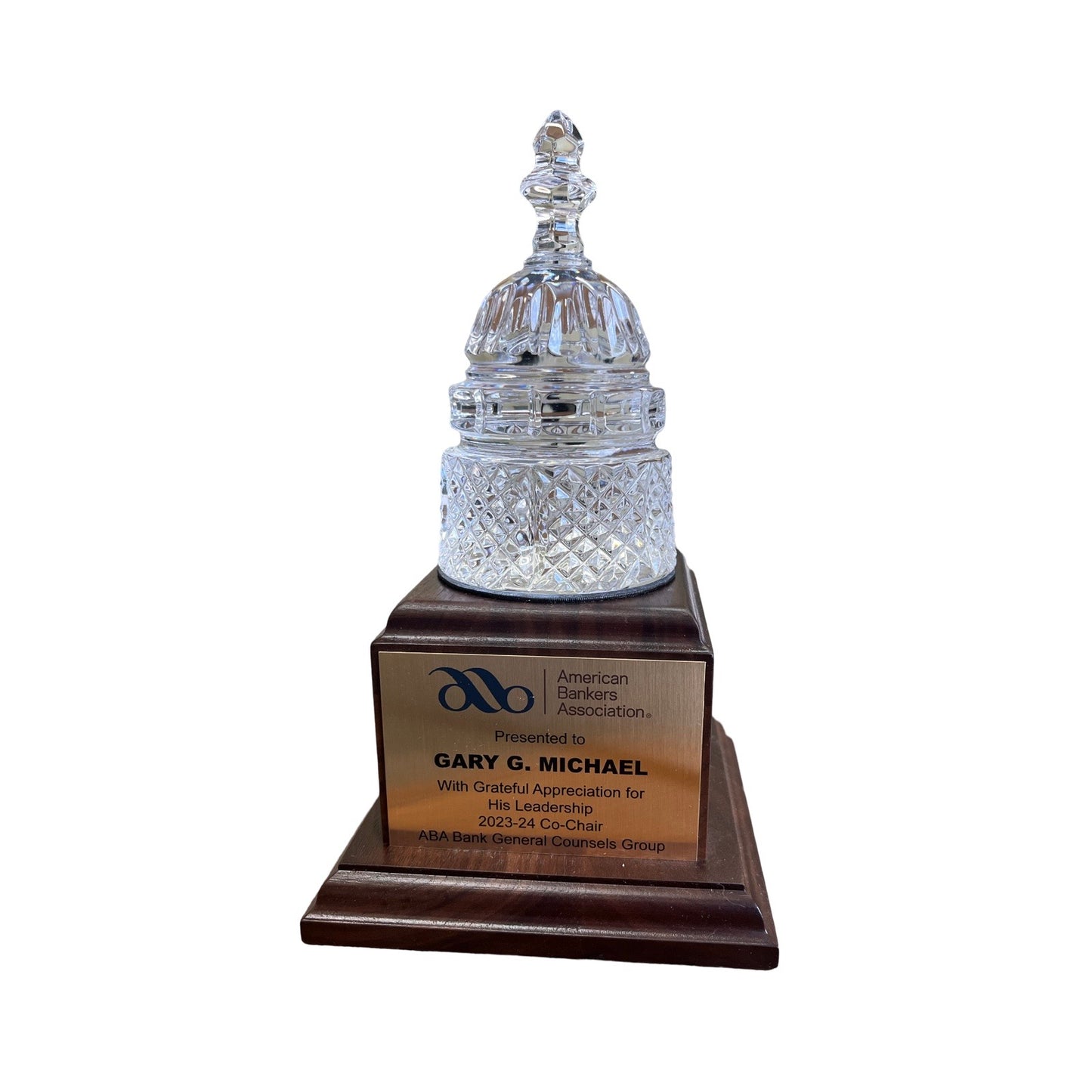 American Bankers Assoc. 2024 | Crystal Capitol Dome on Natural Walnut with Photo Etched Text and Logo on Brass Plate