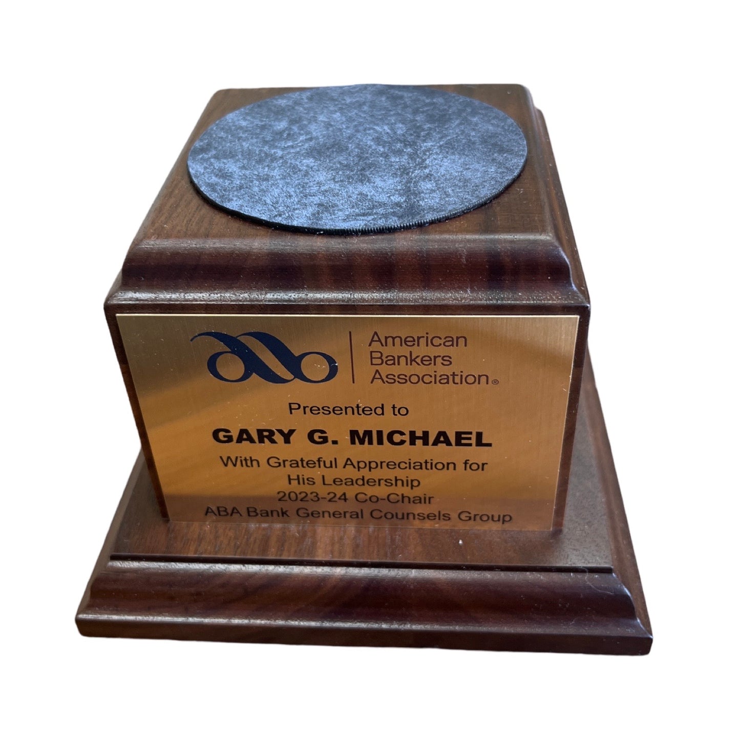 American Bankers Assoc. 2024 | Crystal Capitol Dome on Natural Walnut with Photo Etched Text and Logo on Brass Plate