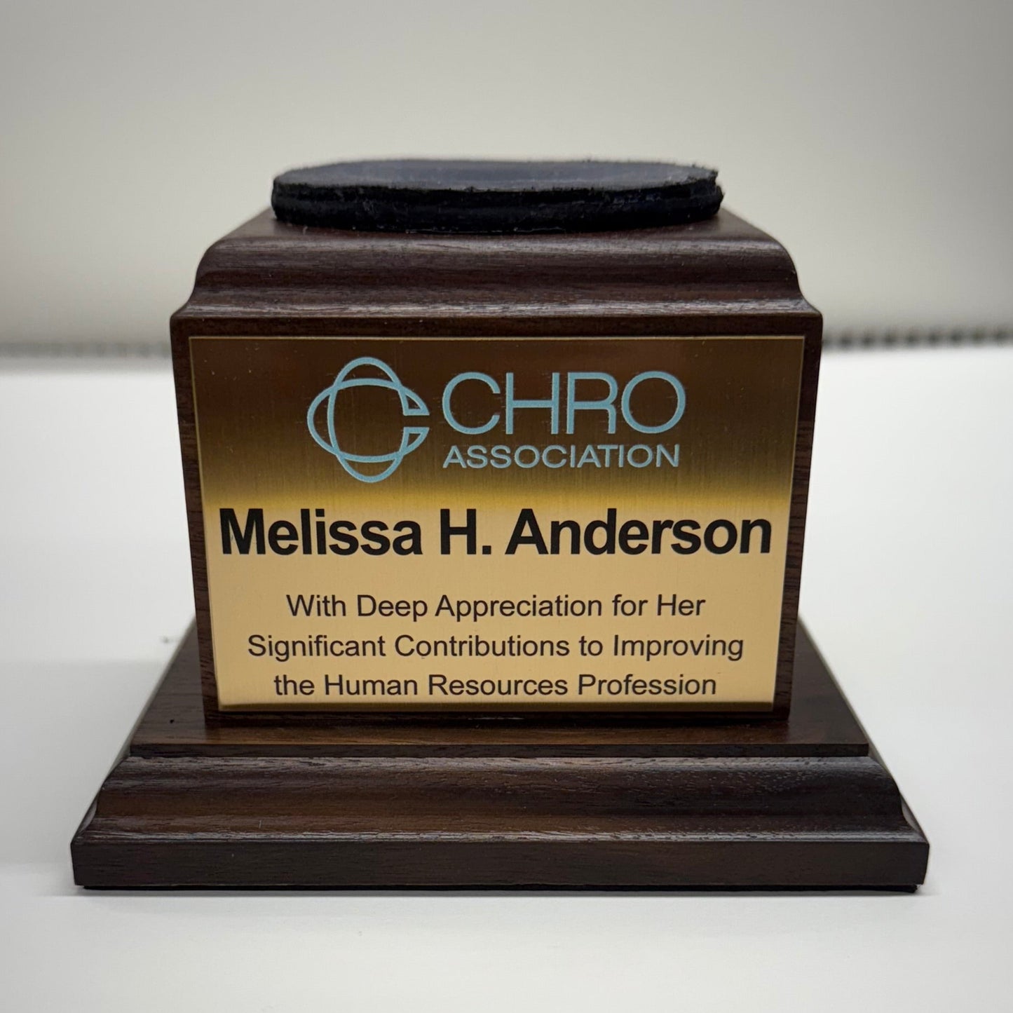 Solid Walnut Base with Leather and engraved logo and message - finest quality