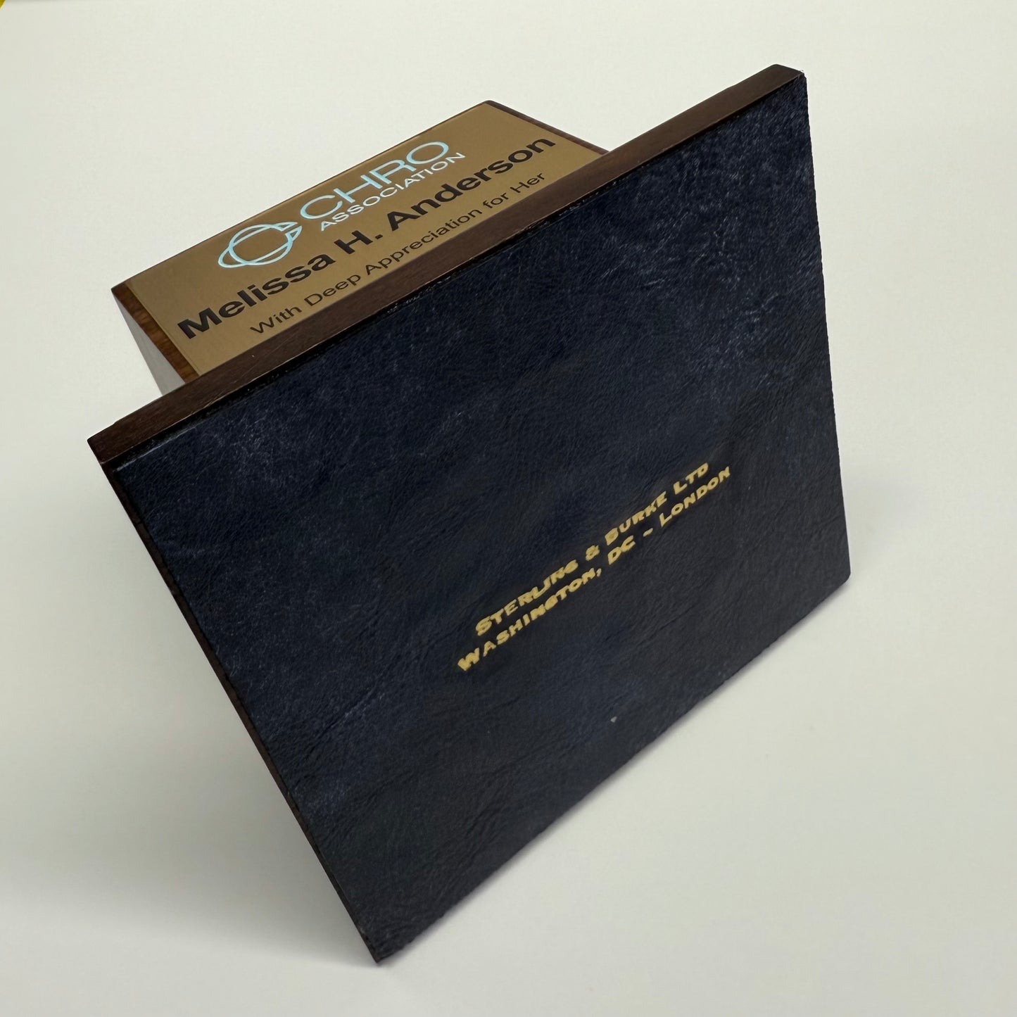 Solid Walnut Base with Leather and engraved logo and message - finest quality