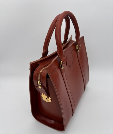 Classic Beatrice Bag Handbag | DEANNA Style: Dark London Tan Bridle with Cobalt Suede Interior | Hand Stitched |