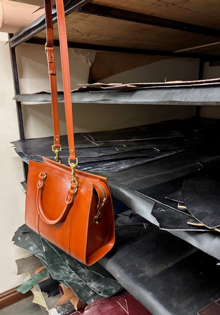 Classic Beatrice Bag Handbag | DEANNA Style: Dark London Tan Bridle with Cobalt Suede Interior | Hand Stitched |
