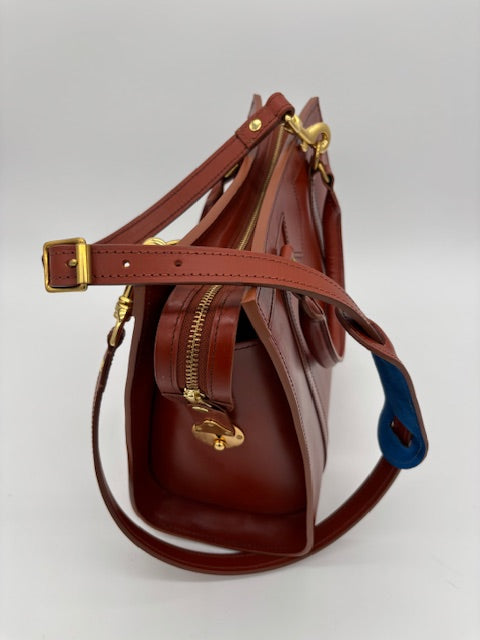 Classic Beatrice Bag Handbag | DEANNA Style: Dark London Tan Bridle with Cobalt Suede Interior | Hand Stitched |