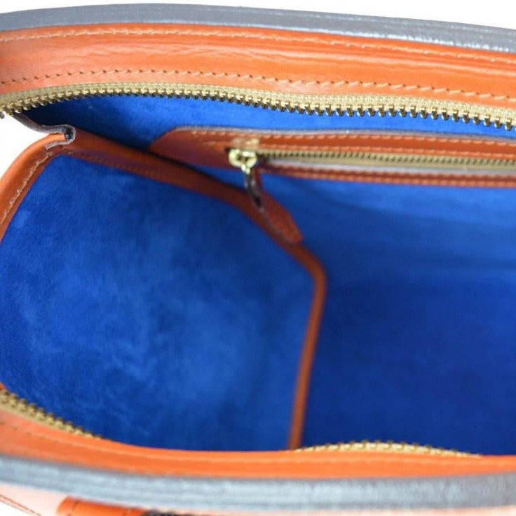 Bespoke Classic Beatrice Bag | IRIA Style: Black & Cobalt | Hand Stitched | Black English Bridle | Cobalt Suede Lining | Brass Fittings & Key Lock | 12 Inches