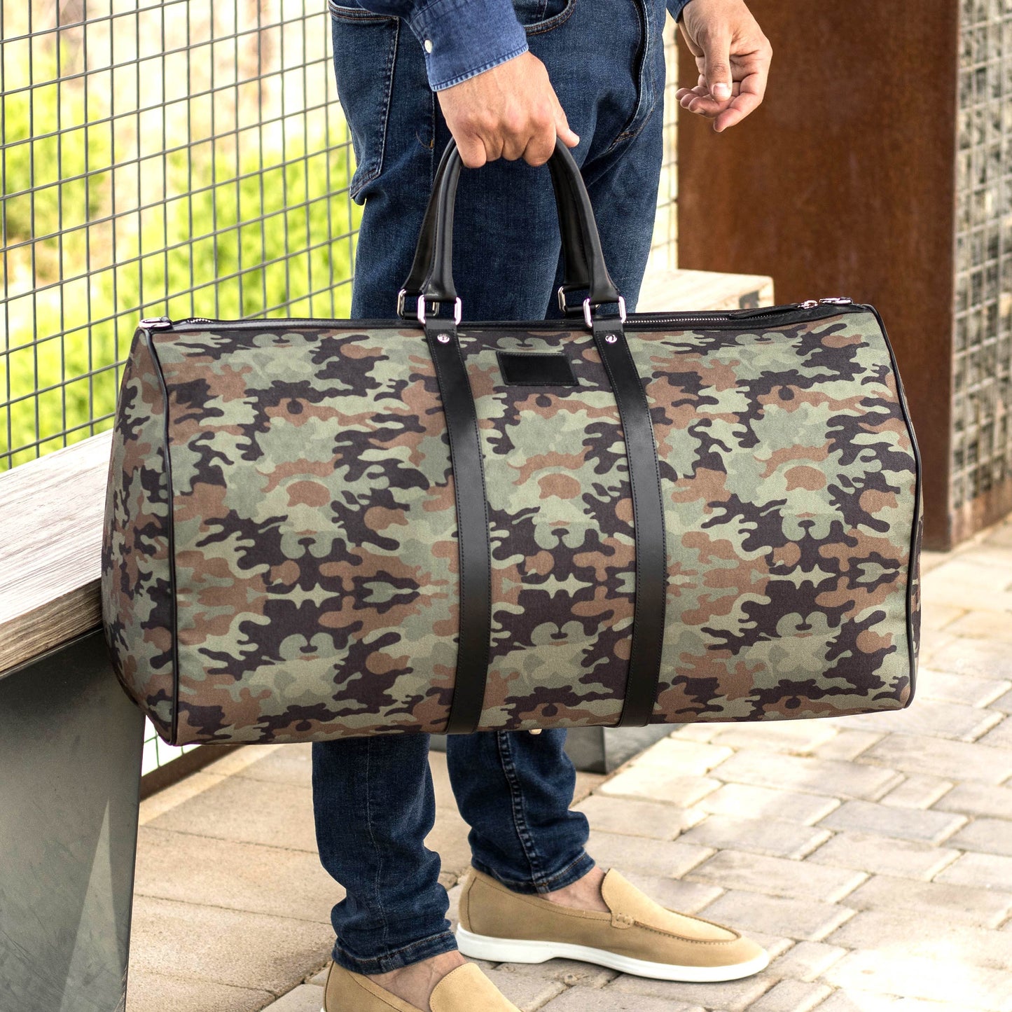 Custom Luxury Travel Bag | MTO | Handcrafted in Spain | Camo Canvas with Black Calf Trim | Sterling & Burke Ltd
