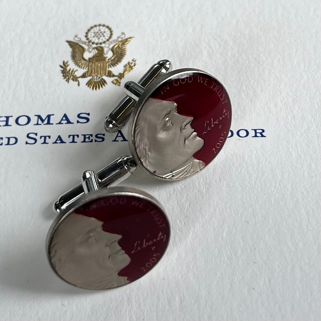 Hand Painted Authentic Coin Cufflinks | Jefferson Portrait with Enamel | US Five Cent Coin | Nickel Coin Cufflinks | Made in USA