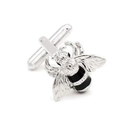 Bee Cufflinks | Silver Honey Bee Cuff Links | Black Enamel with Silver Plating | Made in USA | Sterling and Burke