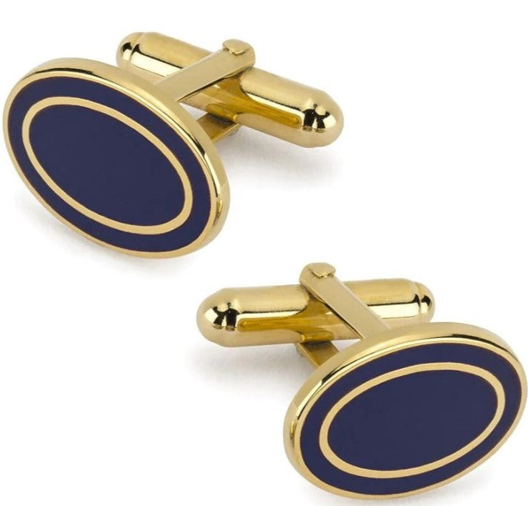 Cufflinks: Oval Enamel Navy and Gold T-Bar Cufflinks | Benson and Clegg London