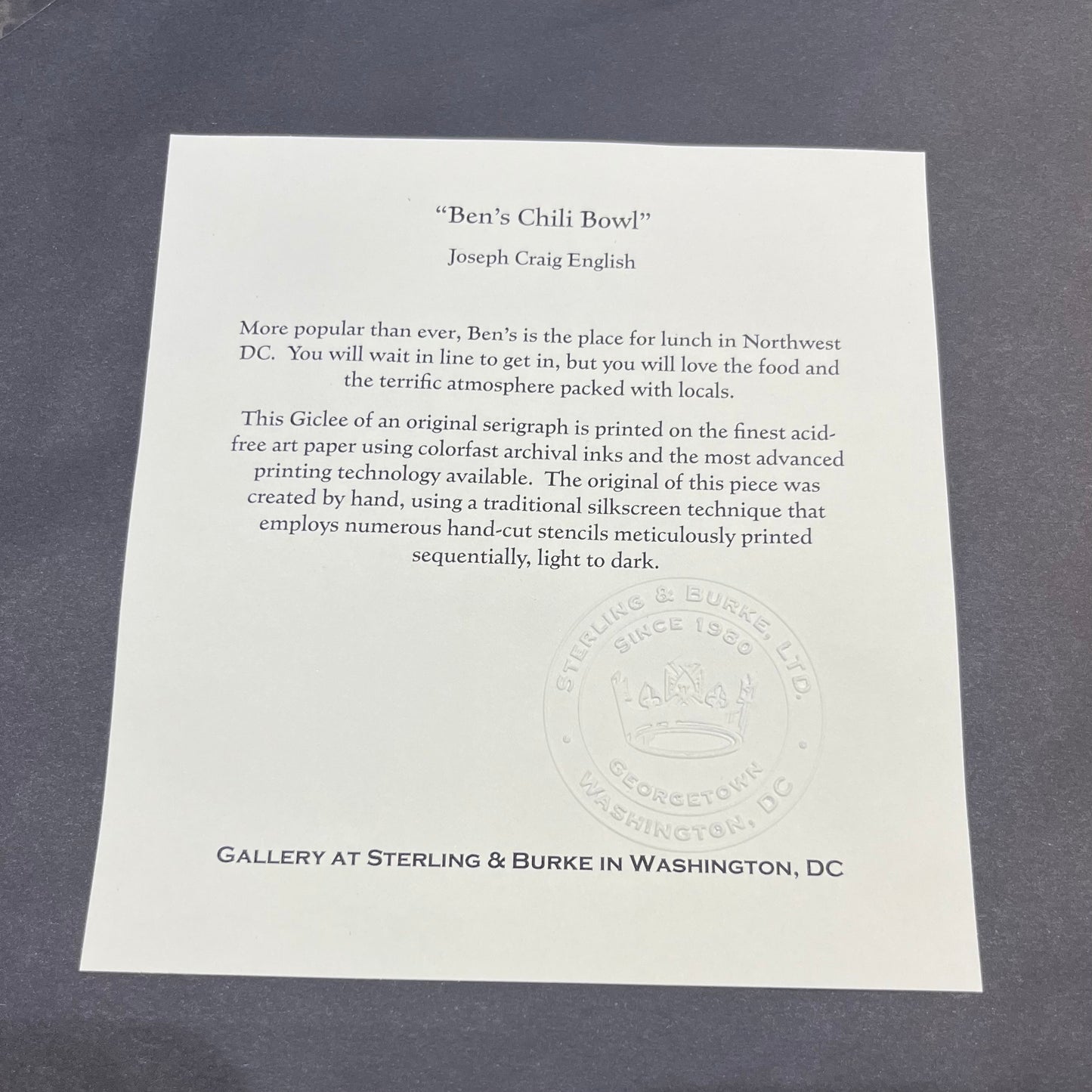 Embassy of Spain: Ben's Chili Bowl | Artist Joseph Craig English | Framed | Matt Measuring 18 by 24"