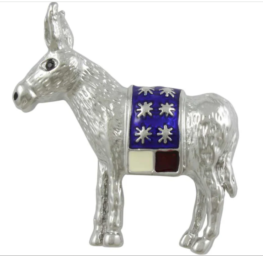 Patriotic Jewelry | US Flag DEM Donkey Pin, Brooch | Democratic Donkey | Silver with Crystals and Enamel