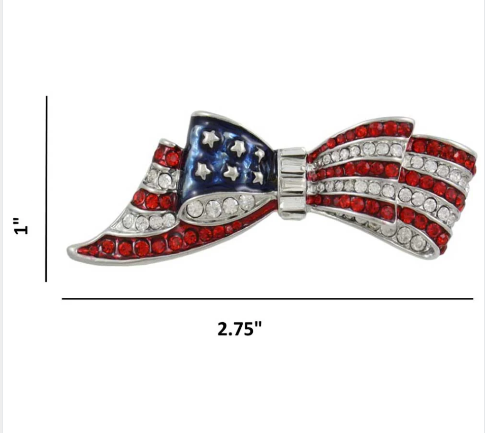 Patriotic Flag Bow Pin, Brooch | Elegant US Flag Brooch | Silver with Red and Clear Crystals and Navy Enamel