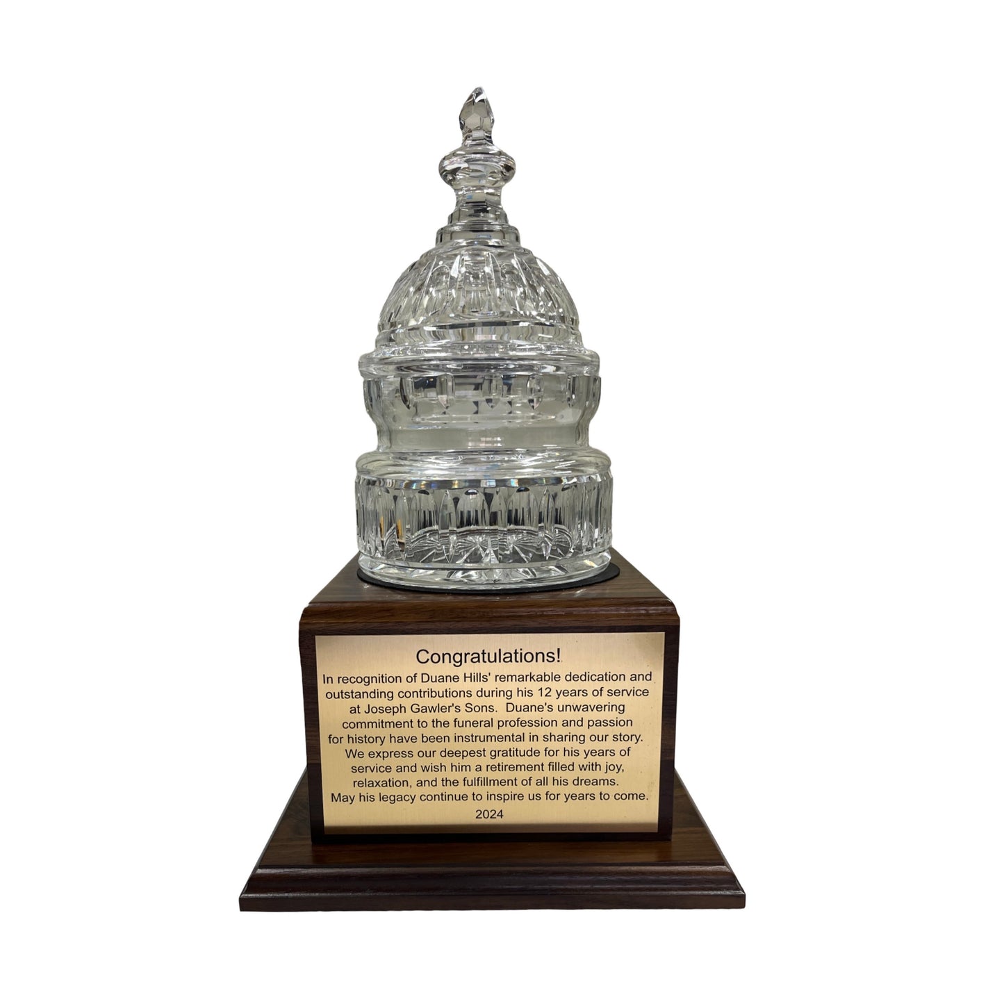 Jos. Gawler's Sons 2024| Waterford Crystal Capitol Dome Biscuit Jar | Walnut Base with Logo & Text on Brass Plates