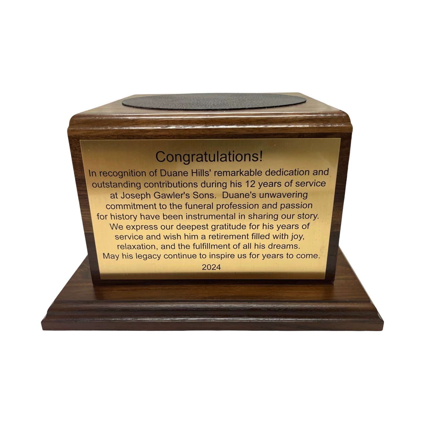 Jos. Gawler's Sons 2024| Waterford Crystal Capitol Dome Biscuit Jar | Walnut Base with Logo & Text on Brass Plates