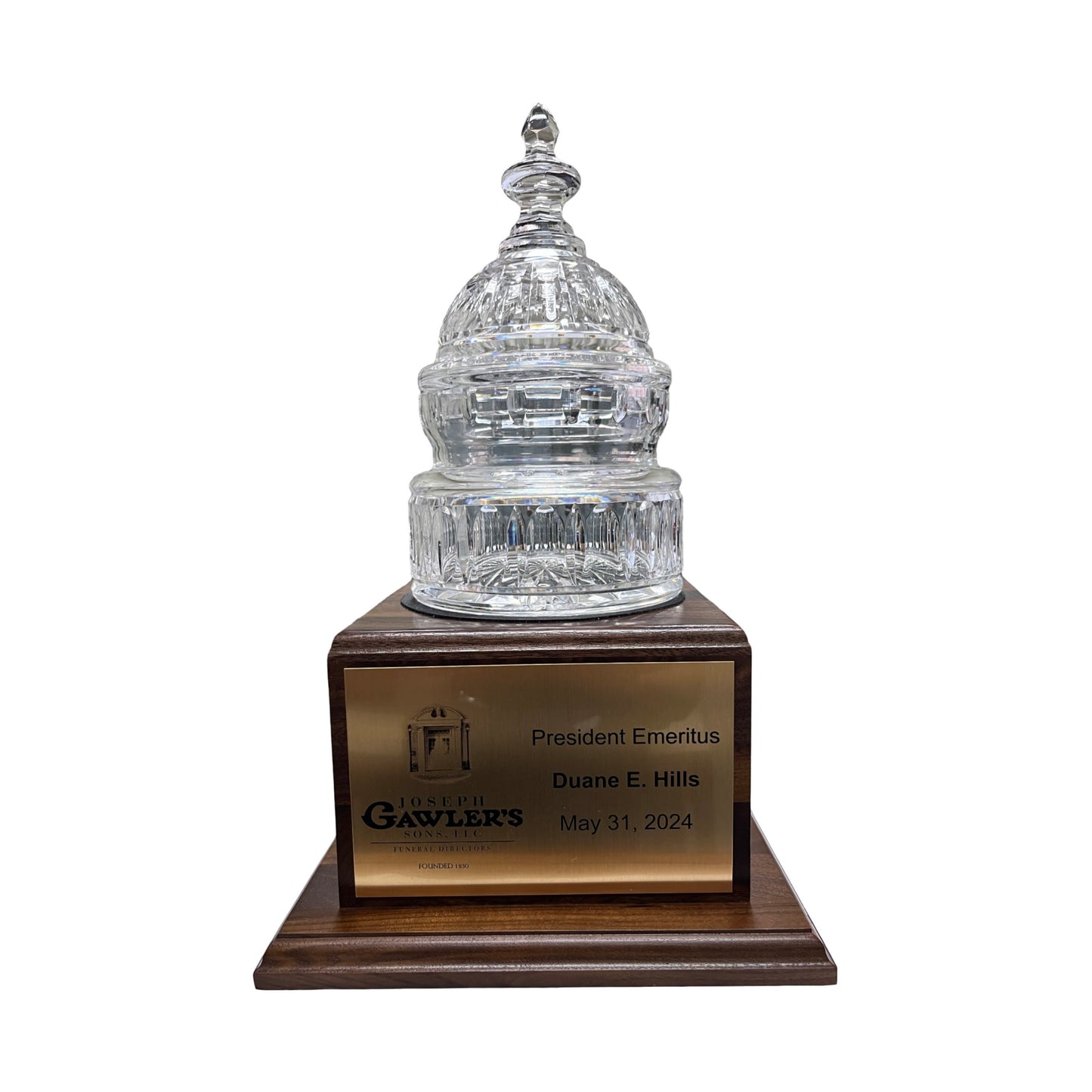 Jos. Gawler's Sons 2024| Waterford Crystal Capitol Dome Biscuit Jar | Walnut Base with Logo & Text on Brass Plates