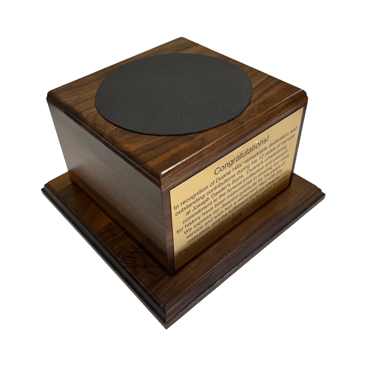 Jos. Gawler's Sons 2024| Waterford Crystal Capitol Dome Biscuit Jar | Walnut Base with Logo & Text on Brass Plates