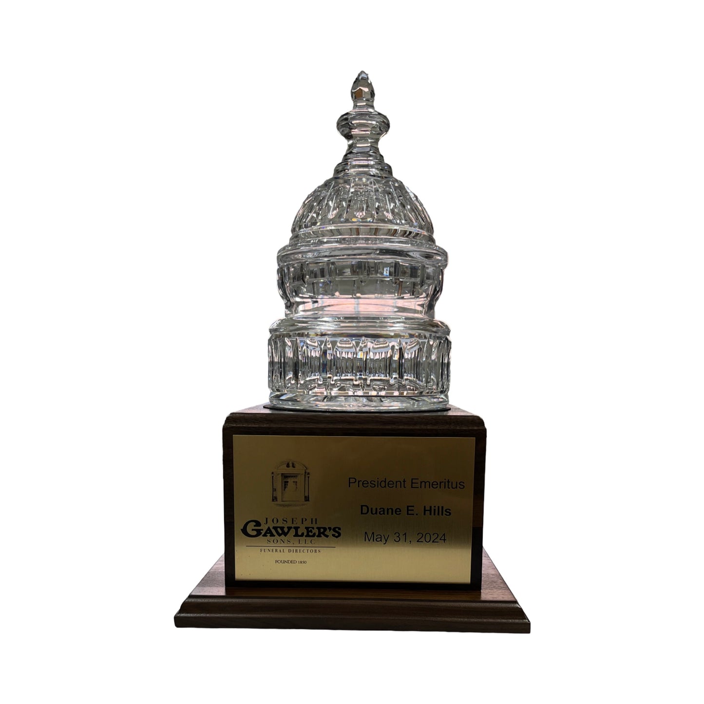 Jos. Gawler's Sons 2024| Waterford Crystal Capitol Dome Biscuit Jar | Walnut Base with Logo & Text on Brass Plates