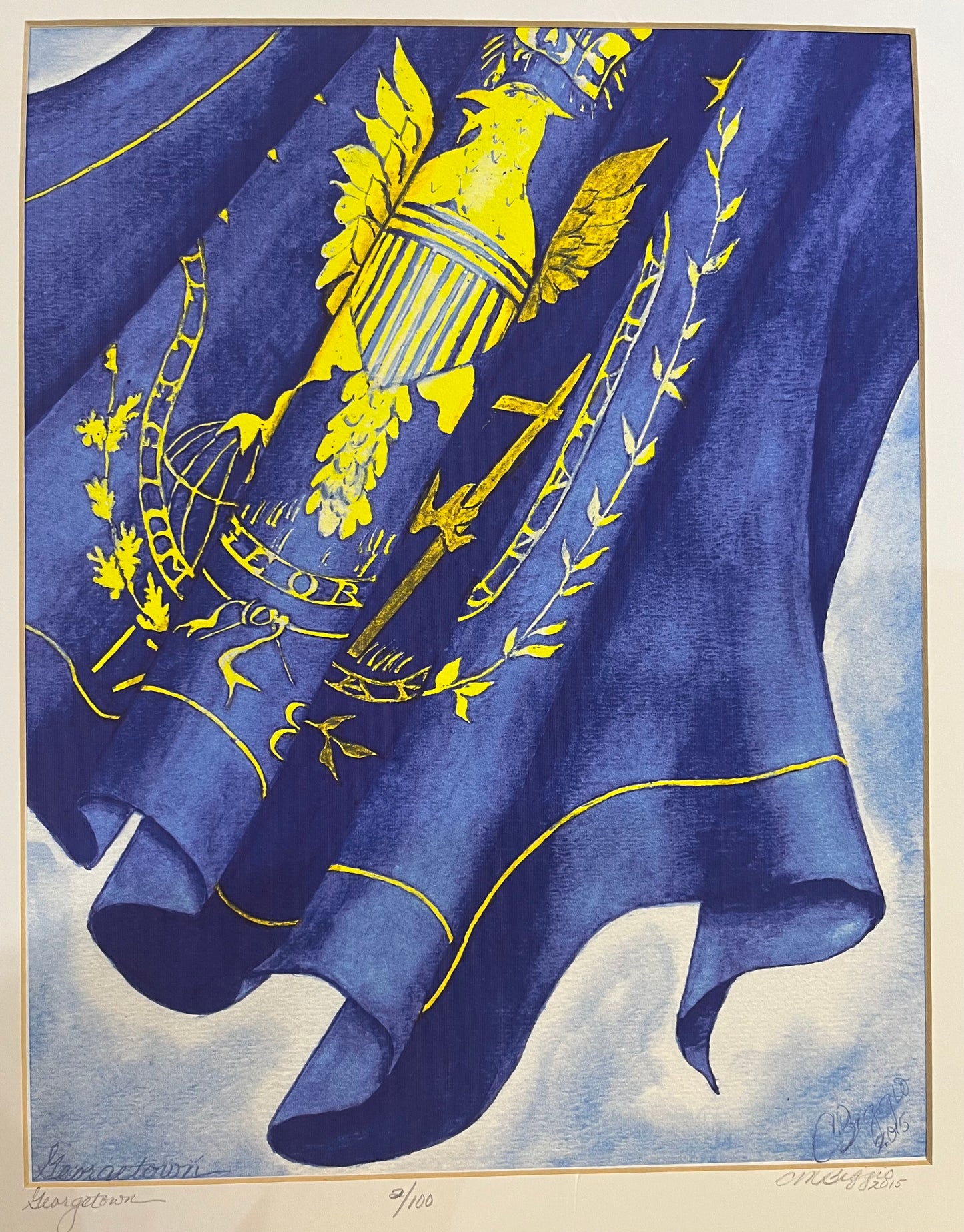 Georgetown University Fine Art Flag with Georgetown Crest by Carole Moore Biggio | 11" by 14"