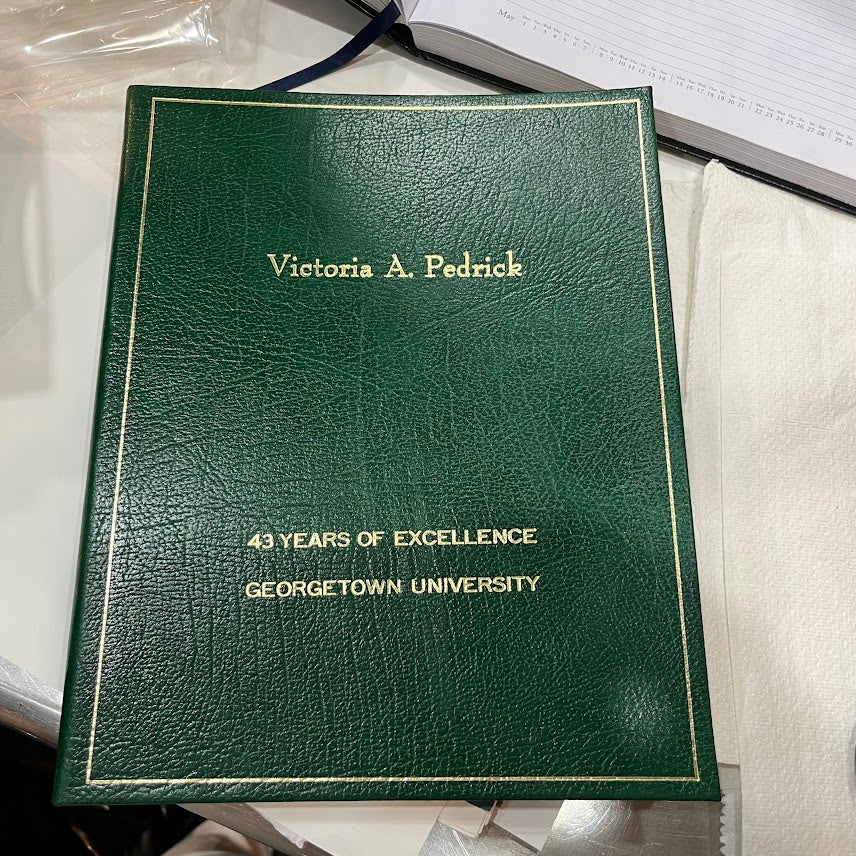 43 Years of Service Book for Georgetown University | 10 by 8 inches | 3 Lines of Gold Text on Embossed Calf | Blank Pages | Charing Cross