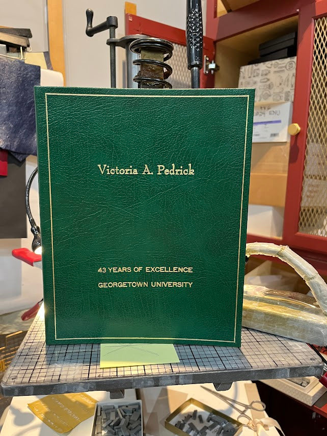 43 Years of Service Book for Georgetown University | 10 by 8 inches | 3 Lines of Gold Text on Embossed Calf | Blank Pages | Charing Cross