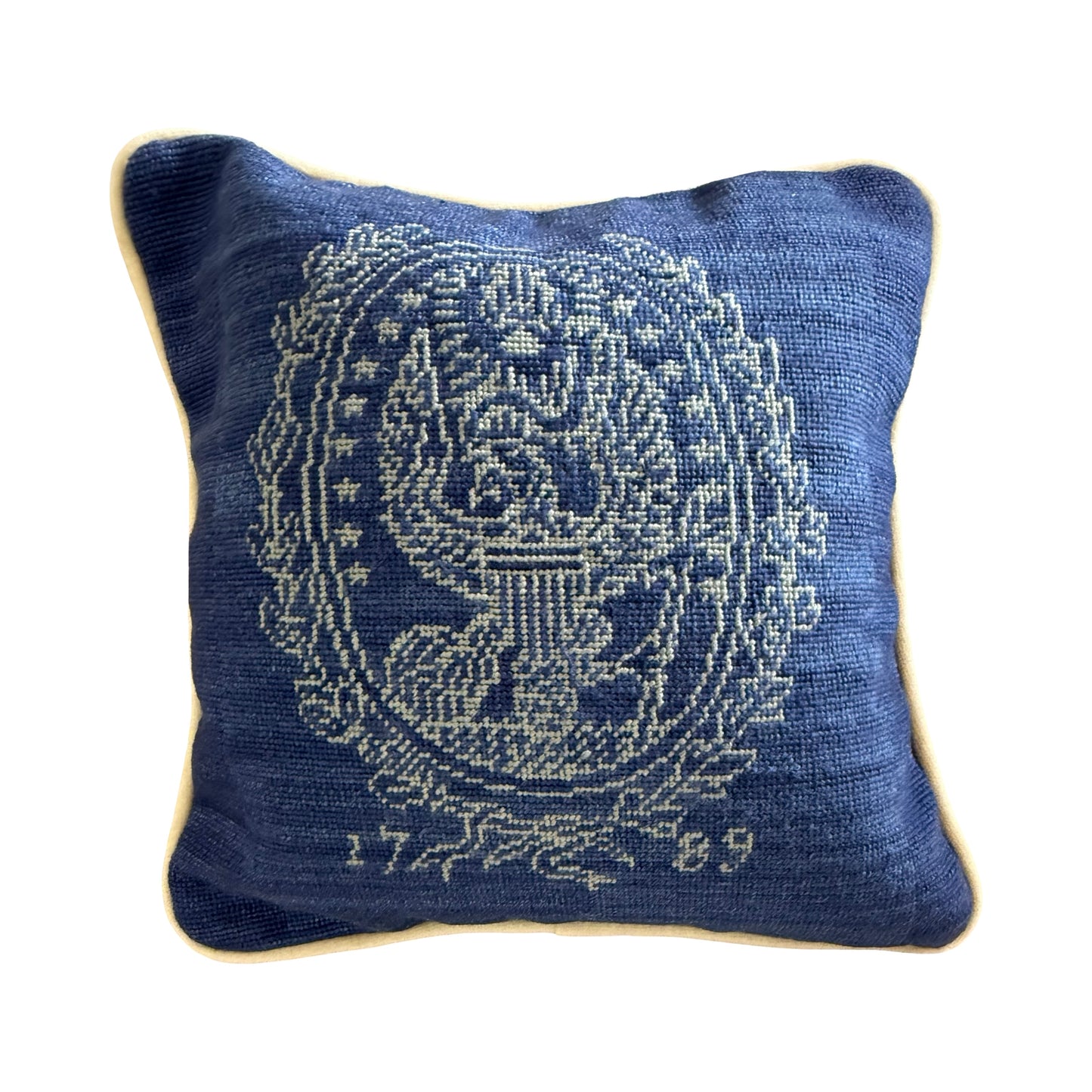 Georgetown Univ Pillow Needlepoint | Georgetown University Needlepoint Pillow | 12 by 12 Inch | Georgetown Crest | Hoya | Blue and Grey