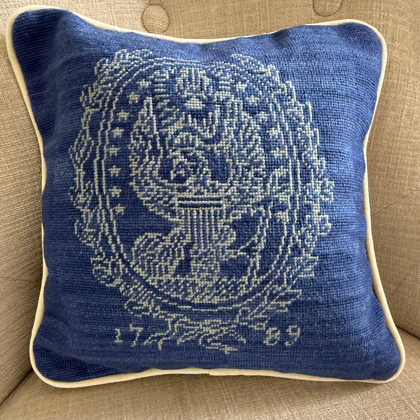 Georgetown Univ Pillow Needlepoint | Georgetown University Needlepoint Pillow | 12 by 12 Inch | Georgetown Crest | Hoya | Blue and Grey