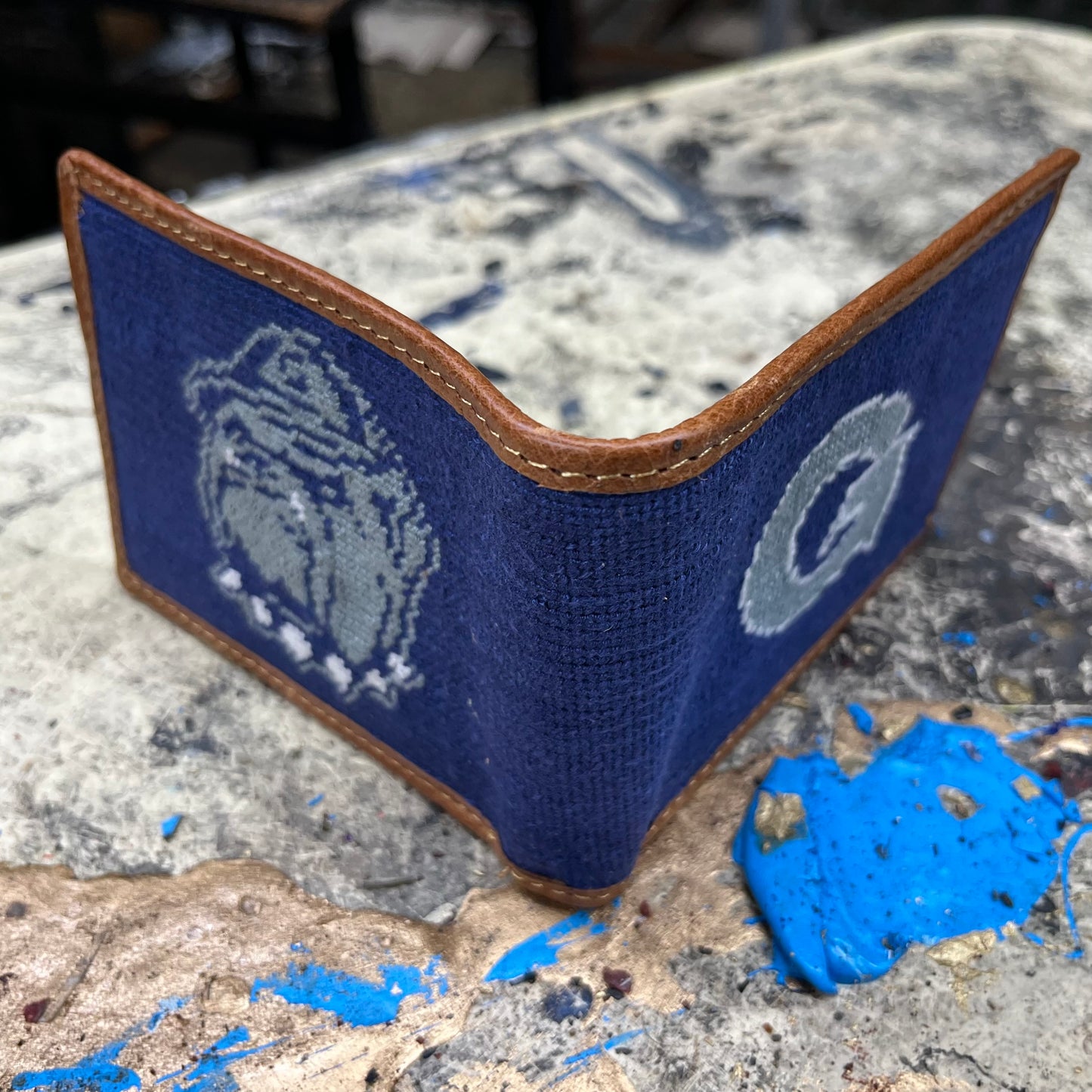 Needlepoint Collection | Georgetown University Needlepoint Bi-Fold Wallet | Hip Wallet | Hoya | Blue and Grey