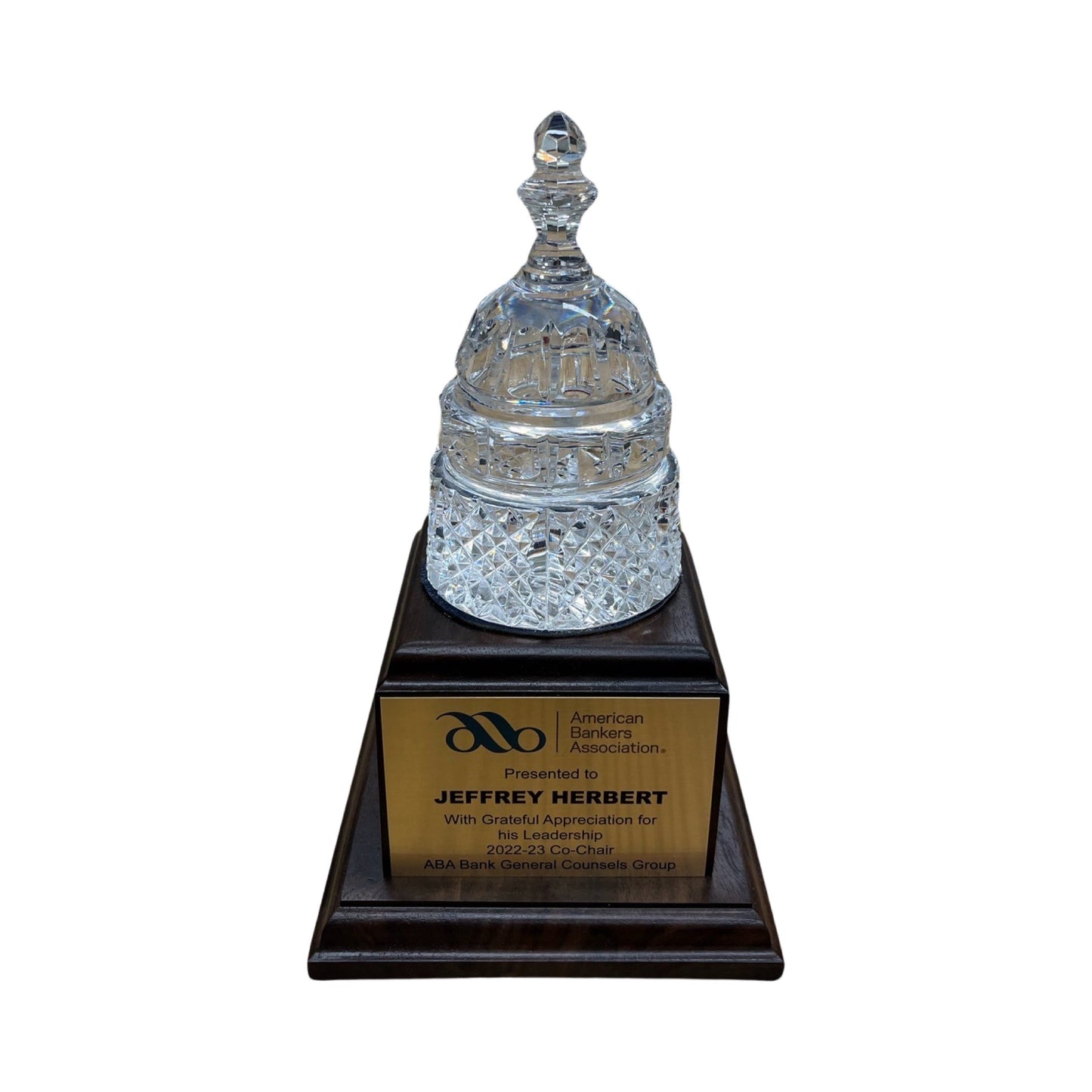 American Bankers Assoc. 2023 | Crystal Capitol Dome on Natural Walnut with Photo Etched Text and Logo on Brass Plate
