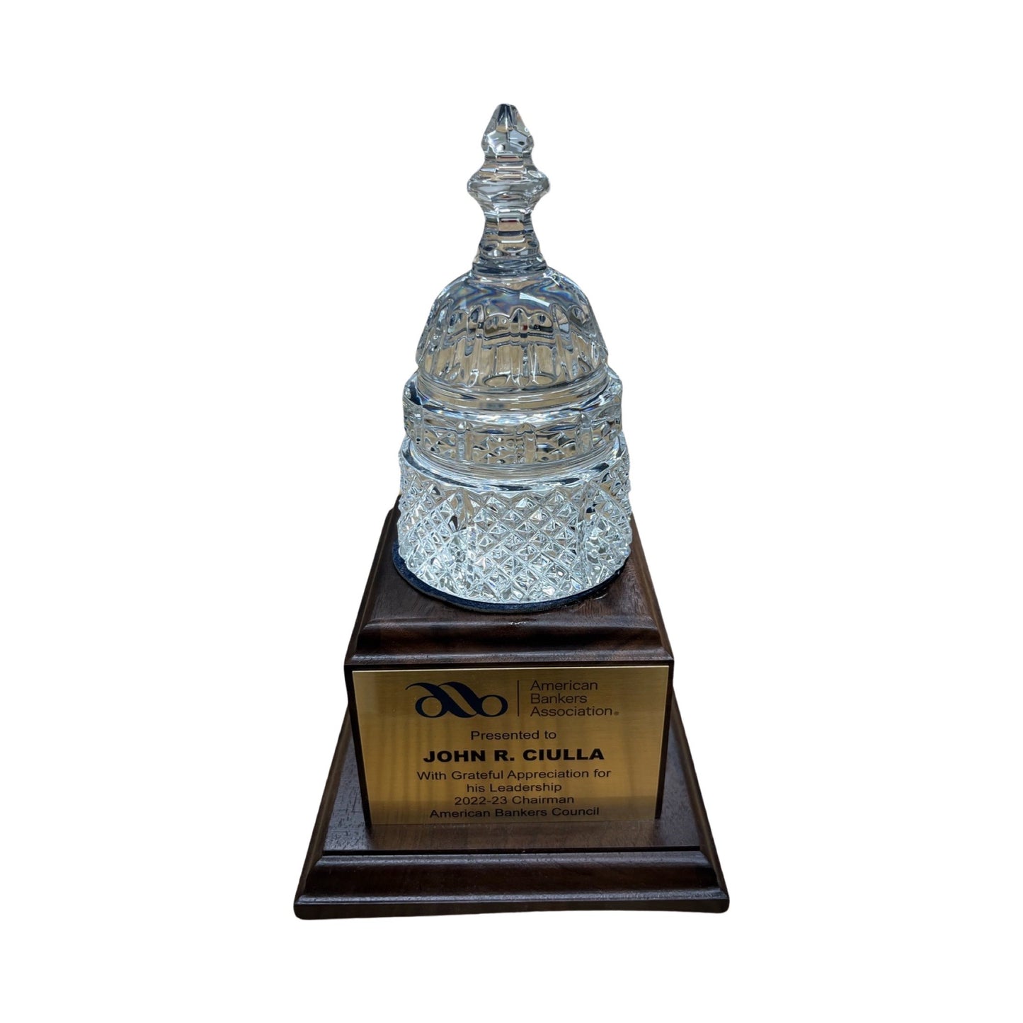American Bankers Assoc. 2023 | Crystal Capitol Dome on Natural Walnut with Photo Etched Text and Logo on Brass Plate