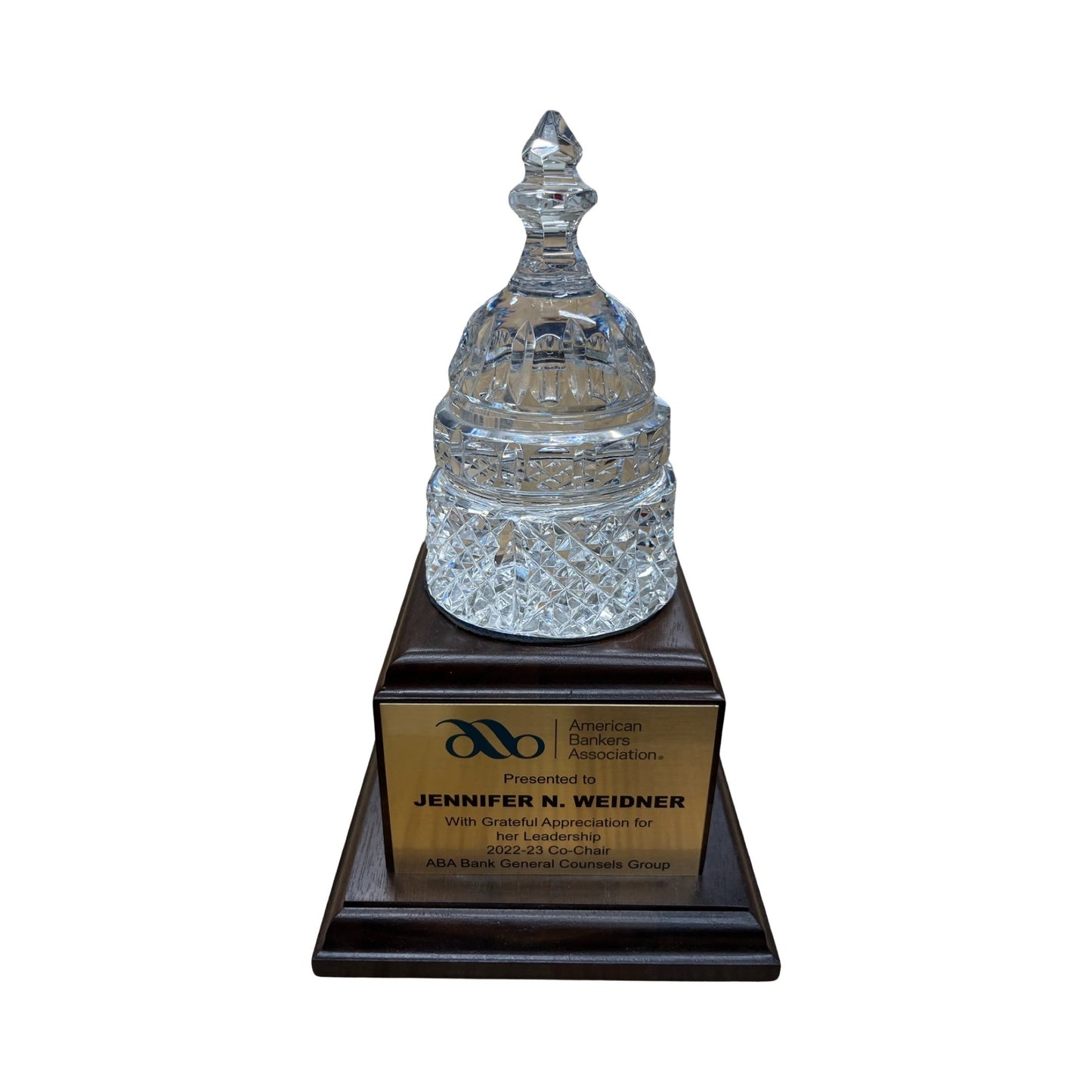 American Bankers Assoc. 2023 | Crystal Capitol Dome on Natural Walnut with Photo Etched Text and Logo on Brass Plate