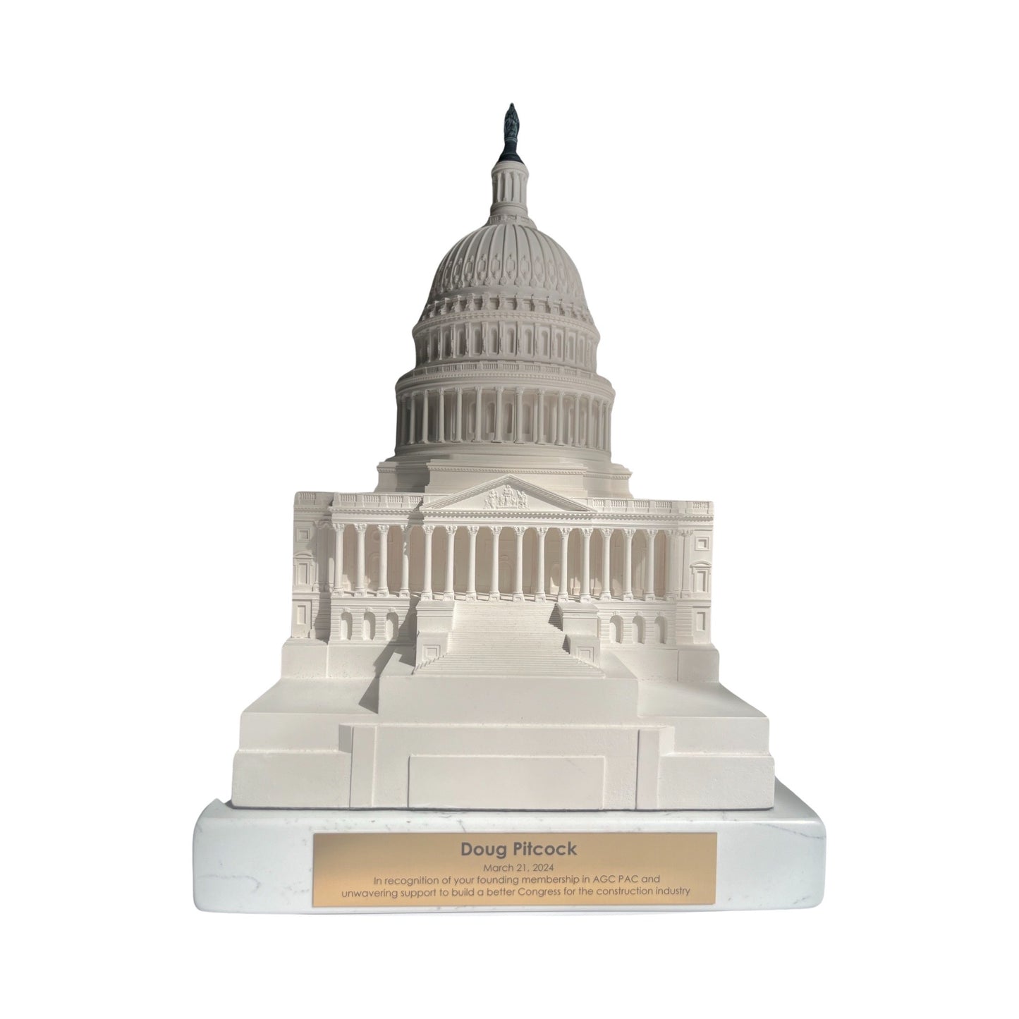 Capitol Building Sculpture Award | AGC PAC | Marble Base Only | White Cararra Marble | 7 by 8 by 1.25 inches