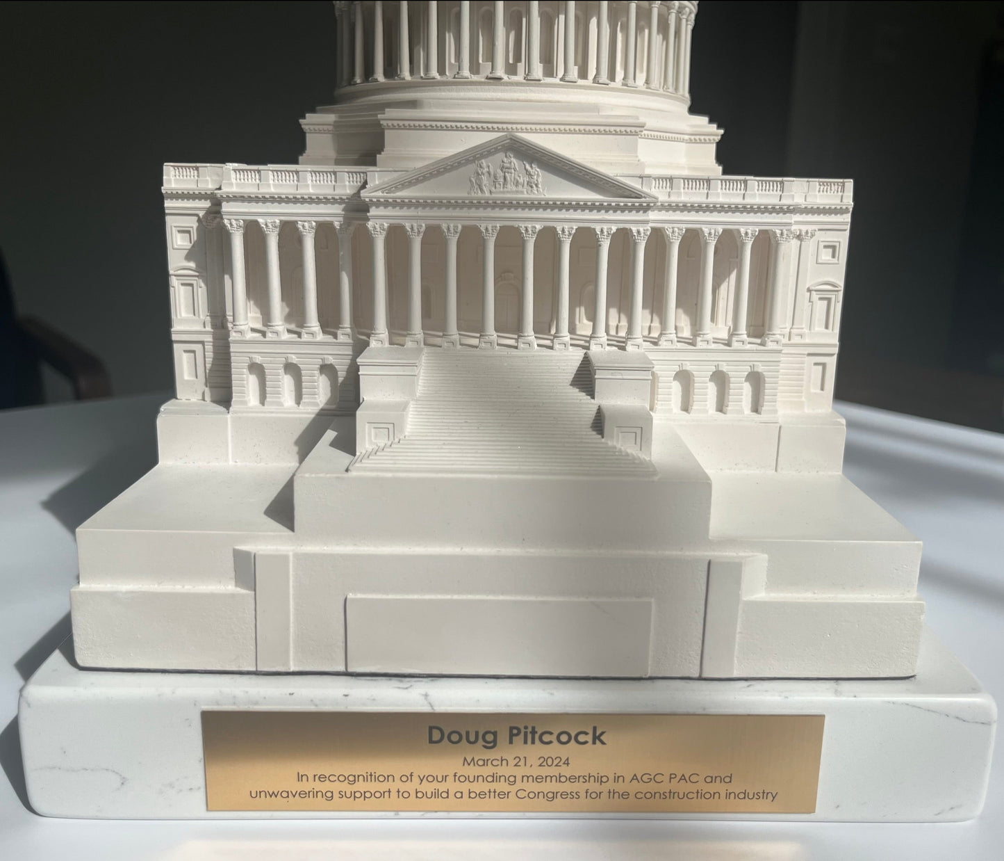 Capitol Building Sculpture Award | AGC PAC | Marble Base Only | White Cararra Marble | 7 by 8 by 1.25 inches