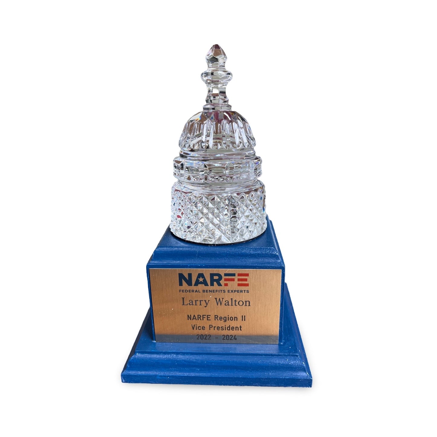 NARFE 2025 | Waterford Crystal Capitol Dome Awards with Engraved Plate on Blue Stained Walnut Base