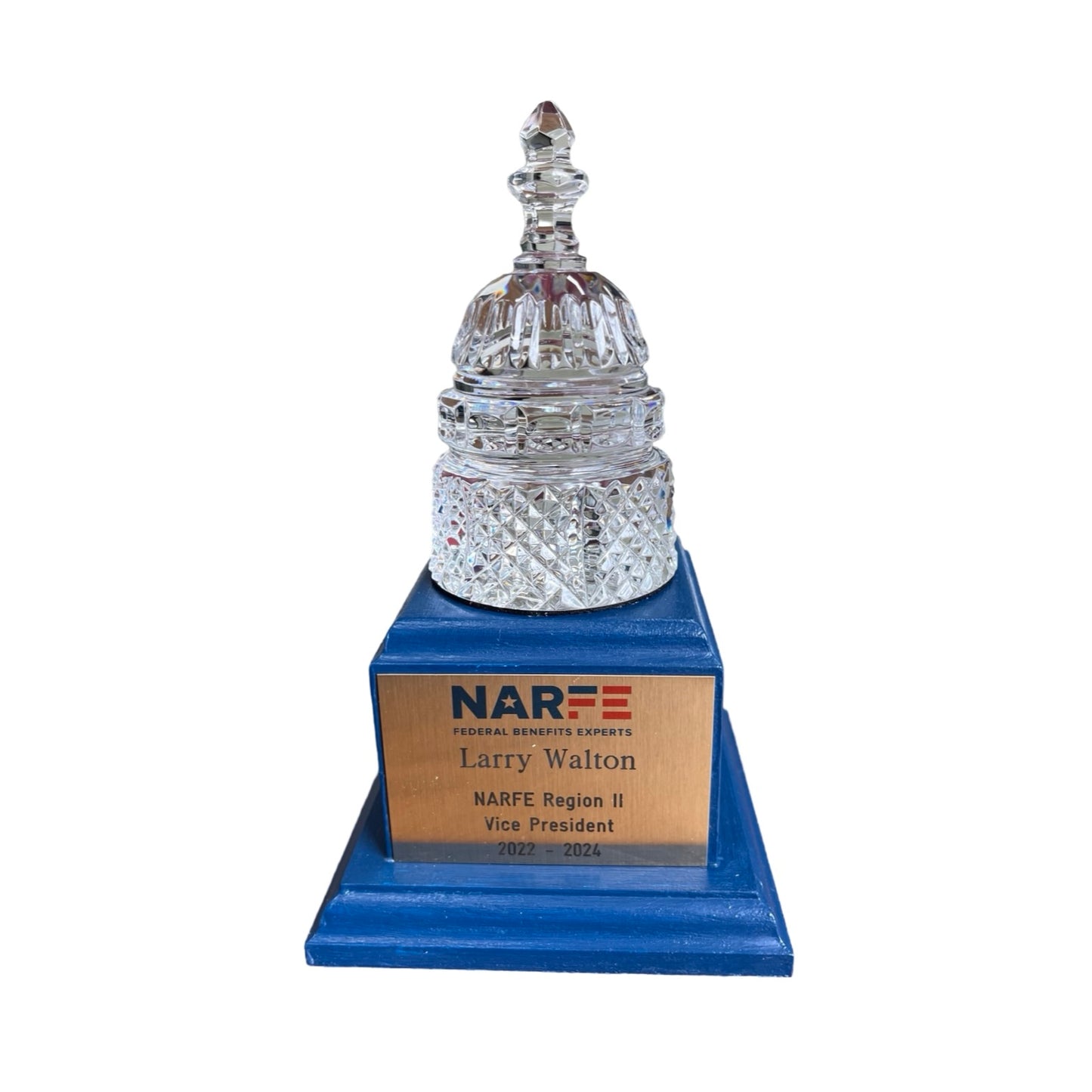 NARFE 2025 | Waterford Crystal Capitol Dome Awards with Engraved Plate on Blue Stained Walnut Base