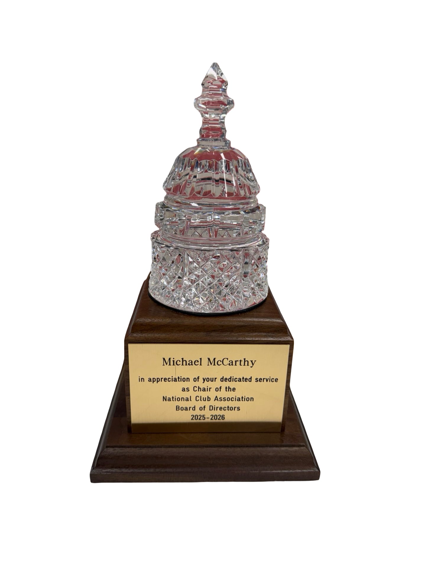 Waterford Crystal Capitol Dome Award on Walnut Base | Brass Plate Engraved | National Club Association | April 2026