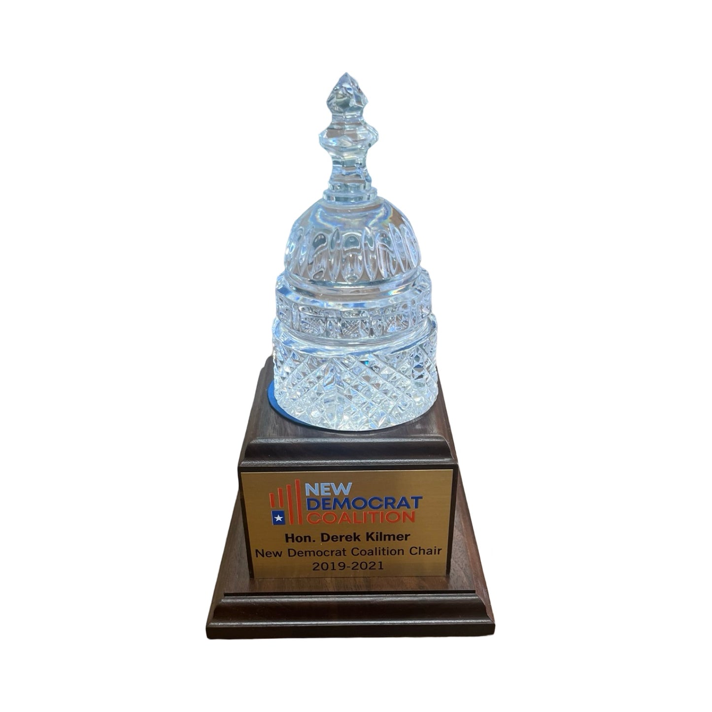 New Democrat Coalition | Waterford Crystal Capitol Dome Award on Natural Walnut with Engraved Brass Plate