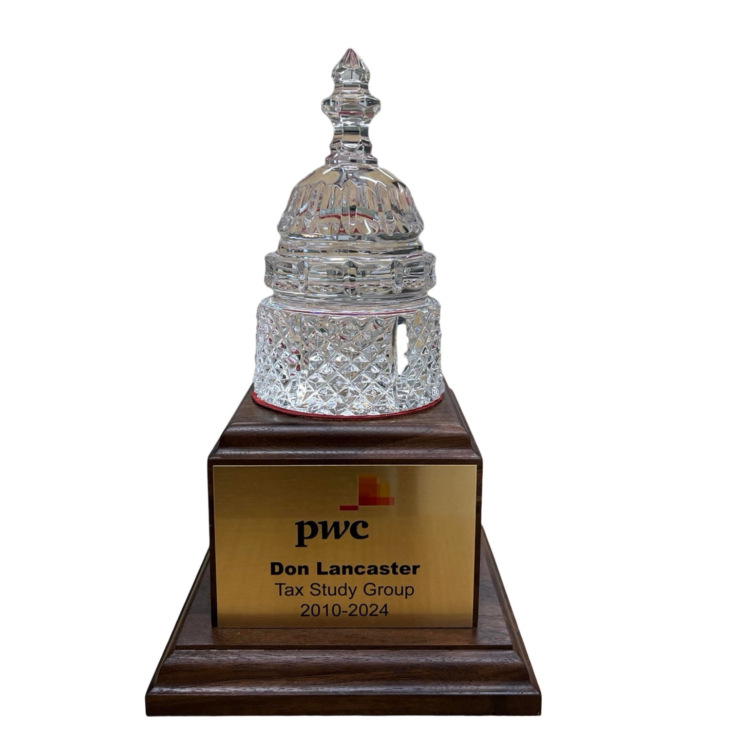 PriceWaterhouseCoopers | Waterford Crystal Capitol Dome Paperweight | Walnut Base with Color Logo and Text on Brass Plate | Don Lancaster | June 2024