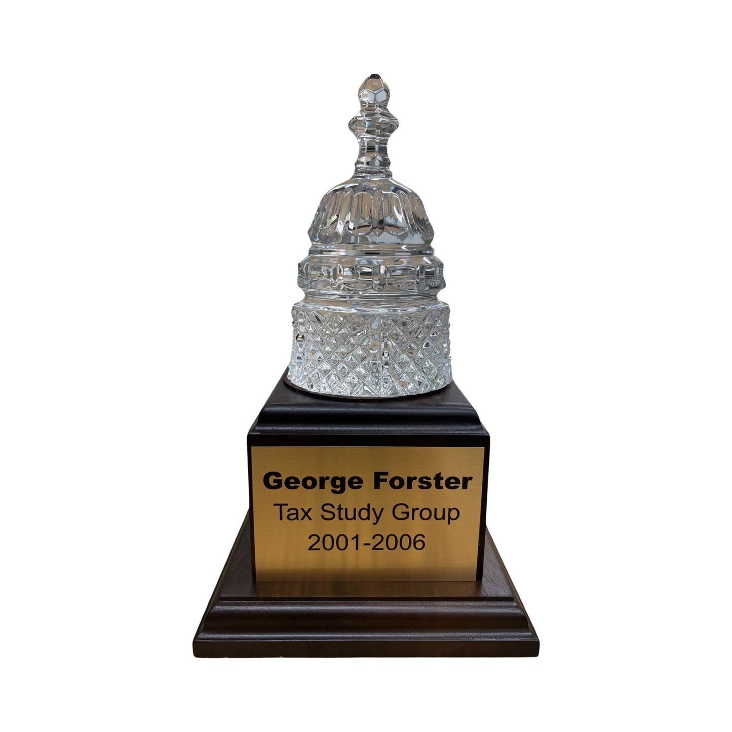 Proof 2024 | PriceWaterhouseCoopers | Waterford Crystal Capitol Dome Paperweight | Walnut Base with Text on Brass Plate