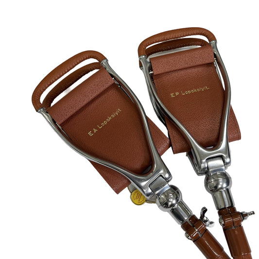 Bespoke Shot Over Seat Stick | Name Engraved in Gold | all leather in Tan | Adjustable Height and Swivel Seat | Full Name Personalization