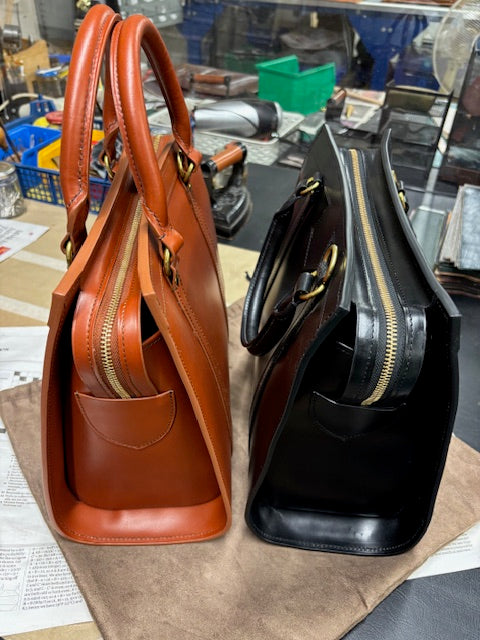 Classic Beatrice Bag Handbag | DEANNA Style: Dark London Tan Bridle with Cobalt Suede Interior | Hand Stitched |