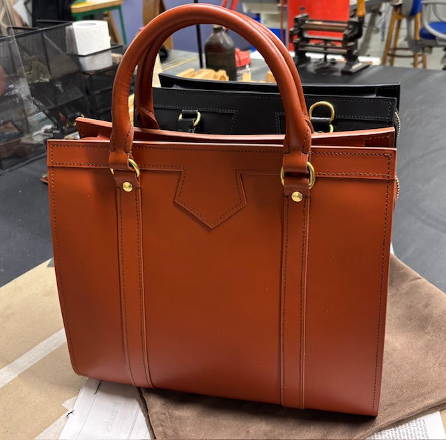 Classic Beatrice Bag Handbag | DEANNA Style: Dark London Tan Bridle with Cobalt Suede Interior | Hand Stitched |