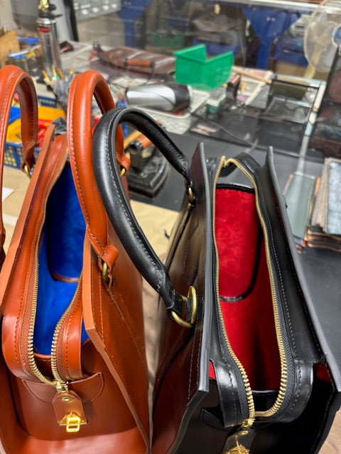 Classic Beatrice Bag Handbag | DEANNA Style: Dark London Tan Bridle with Cobalt Suede Interior | Hand Stitched |