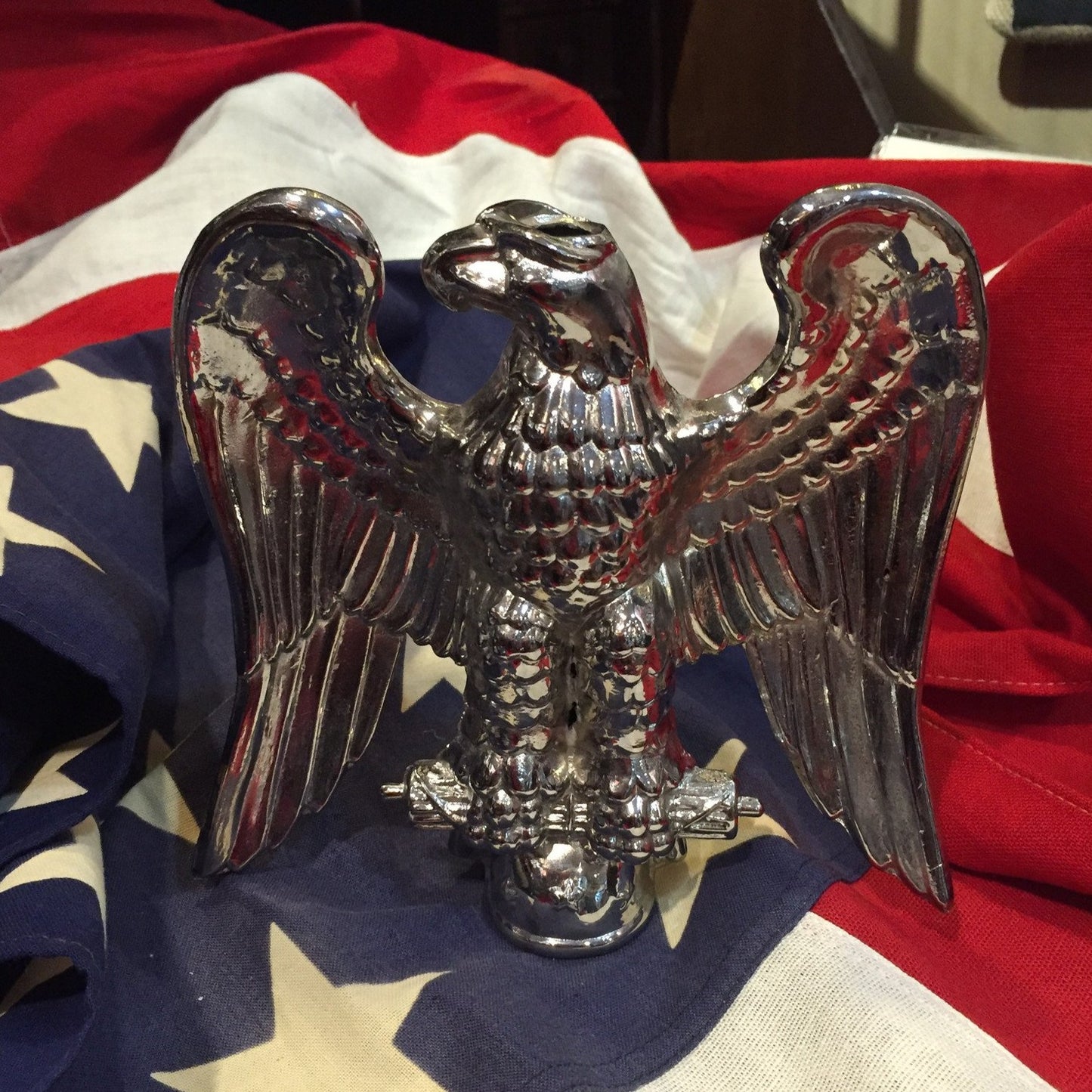 Patriotic Antique American Flag Eagle | Silver Plated Flag Topper | 7 " US Eagle | Business Gift-Antique Artifact-Sterling-and-Burke