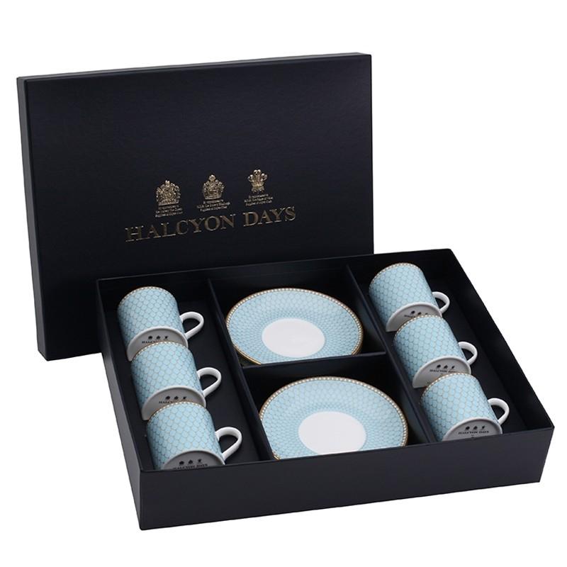 Halcyon Days Antler Trellis Coffee Cups and Saucers in Blue, Set of 6-Coffee / Tea Set-Sterling-and-Burke