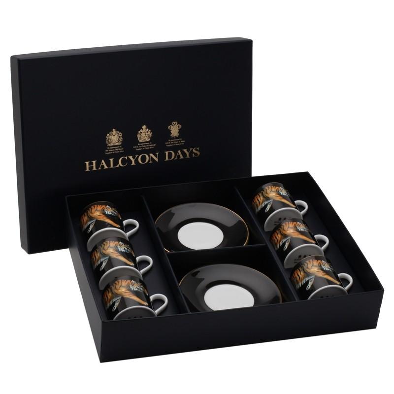 Halcyon Days Magnificent Wildlife Tiger Coffee Cups and Saucers in Black, Set of 6-Bone China-Sterling-and-Burke