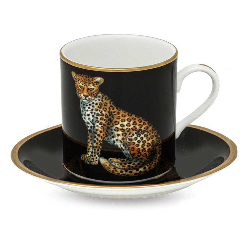 Halcyon Days MW Twin Leopards Coffee Cups and Saucers in Black, Set of 6-Coffee / Tea Set-Sterling-and-Burke