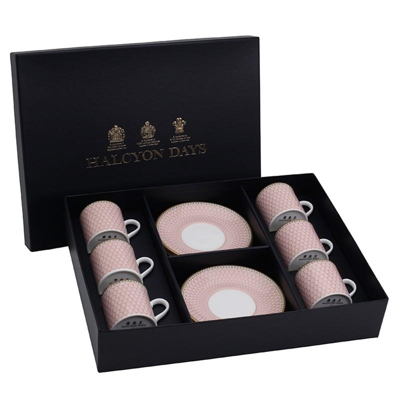 Halcyon Days Antler Trellis Coffee Cups and Saucers in Pink, Set of 6-Coffee / Tea Set-Sterling-and-Burke