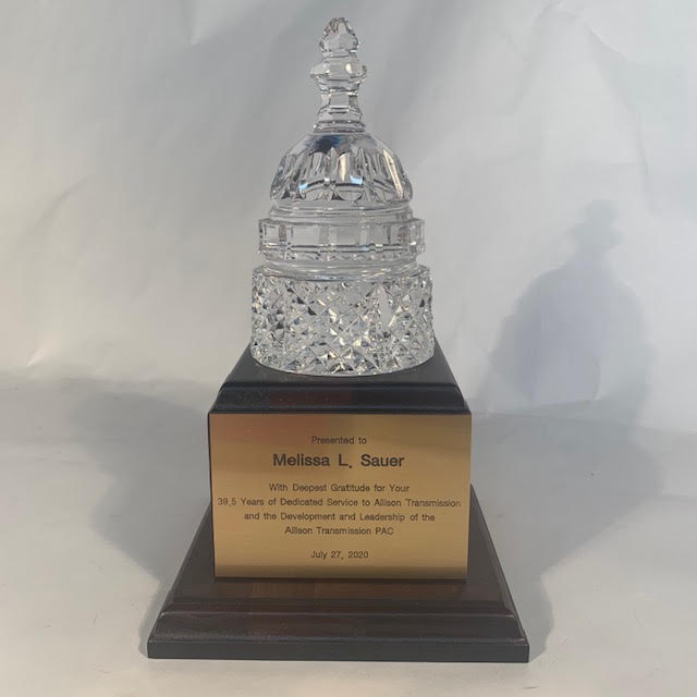 Waterford Crystal Capitol Dome Paperweight | Capitol Dome Award on Dark Blue Walnut Base | Brass Plate Engraved with Message