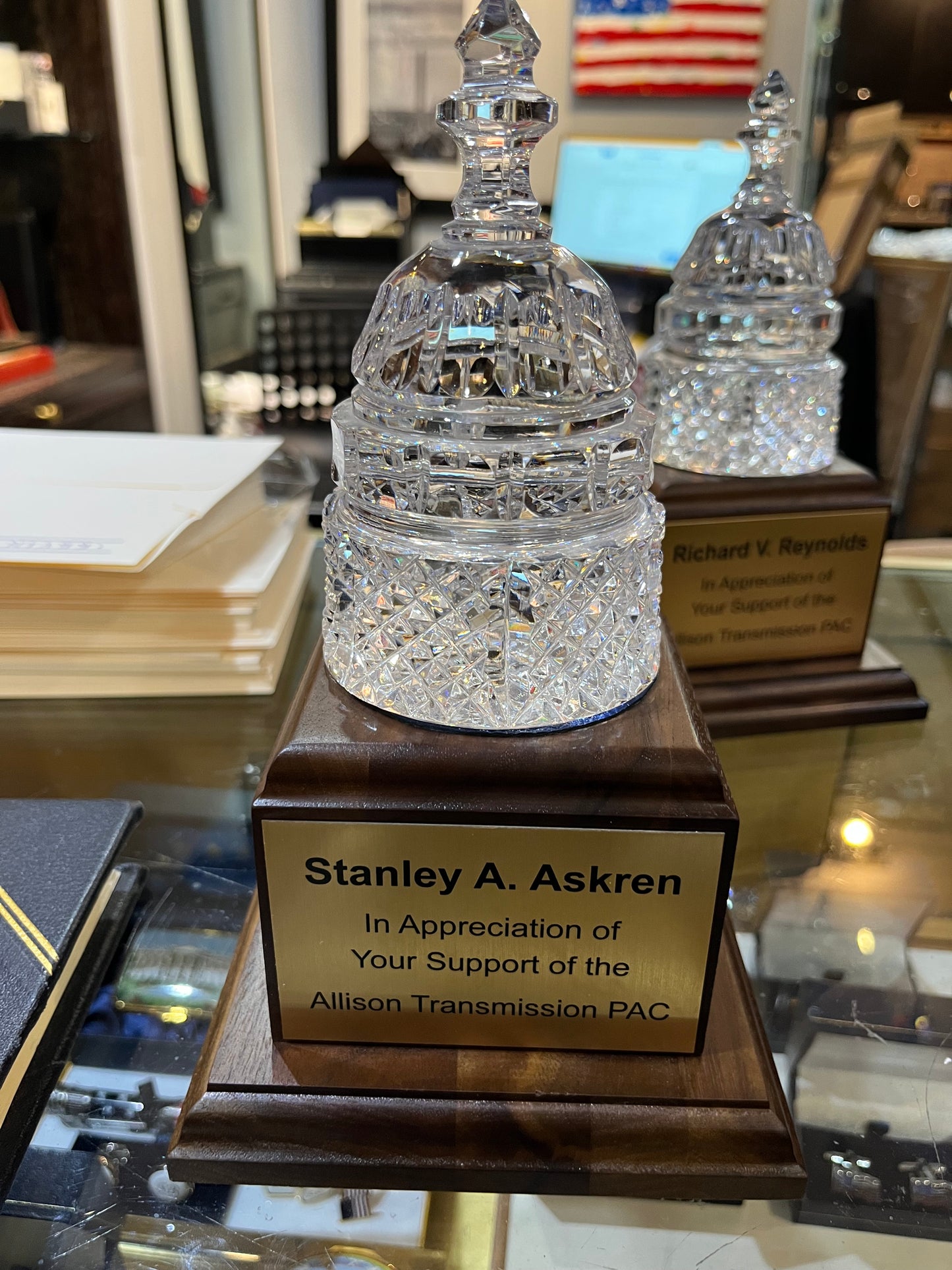 Allison Transmission | Waterford Crystal Capitol Dome on Natural Walnut with Engraved Brass Plate