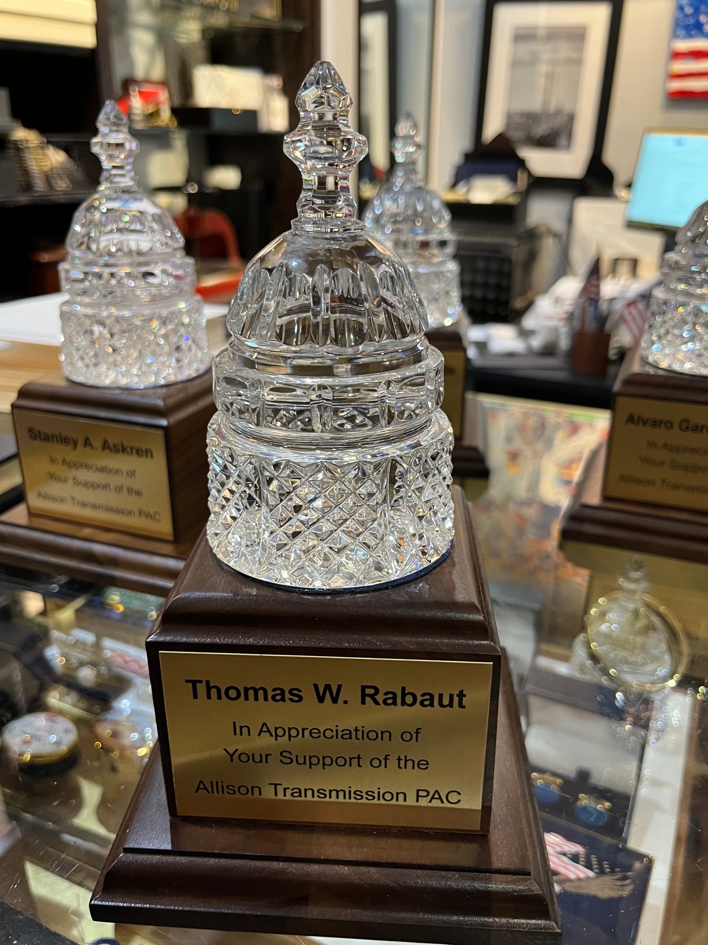 Allison Transmission | Waterford Crystal Capitol Dome on Natural Walnut with Engraved Brass Plate