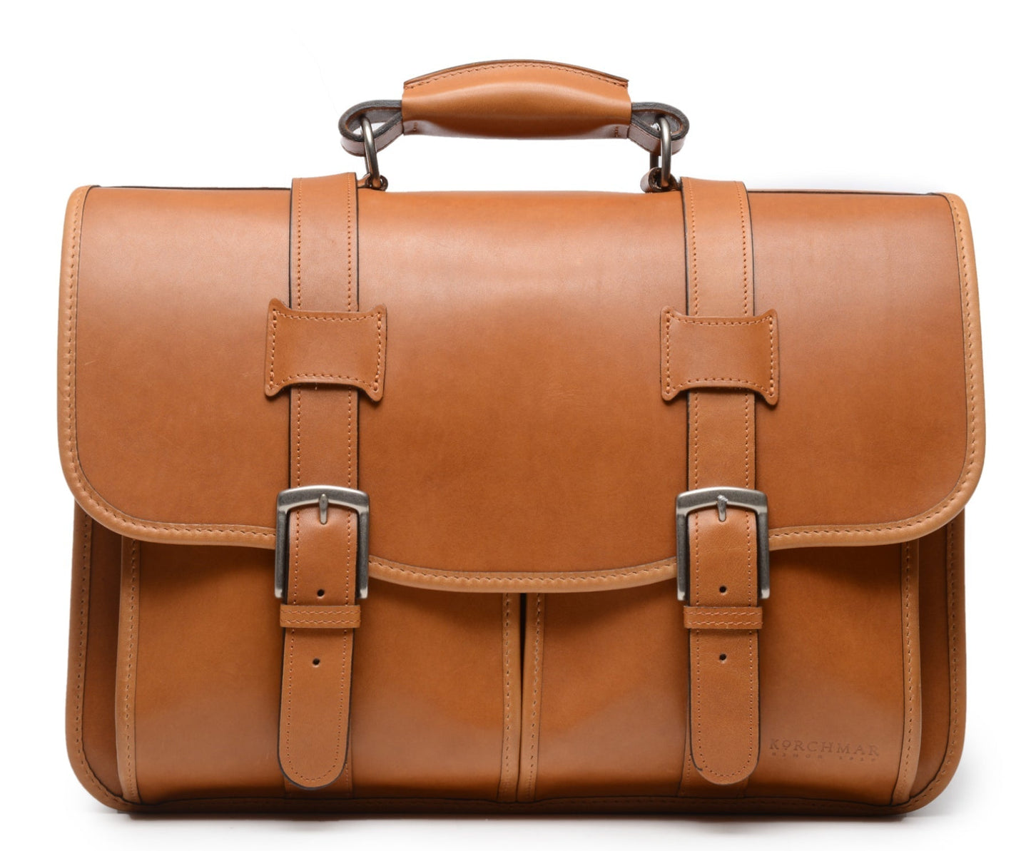 Garfield Leather Brief Case | Flap Over Computer Bag in Tan Leather | Initials and Gift Wrap | Korchmar Leather |